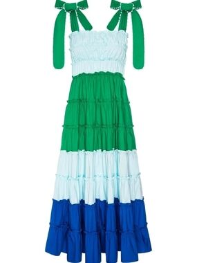 Smocked Tiered Maxi Dress in Green, Light Blue & Royal Blue